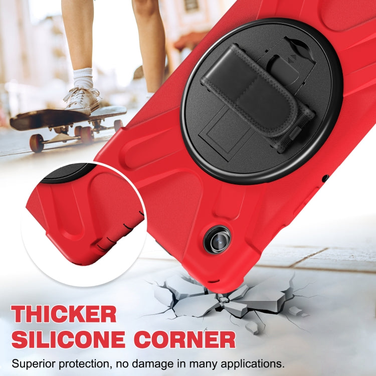 Samsung Galaxy Tab A9+ case featuring a rotary handle, pen slot, and shoulder strap, made from durable TPU and PC materials.